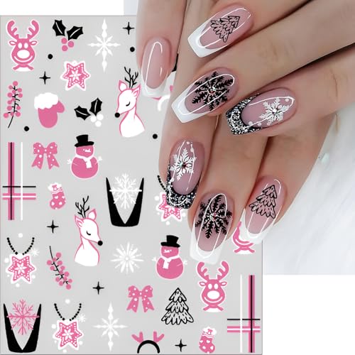 Pink Christmas Nail Stickers 6 Sheets 3D Winter Reindeer Snowflake Decals