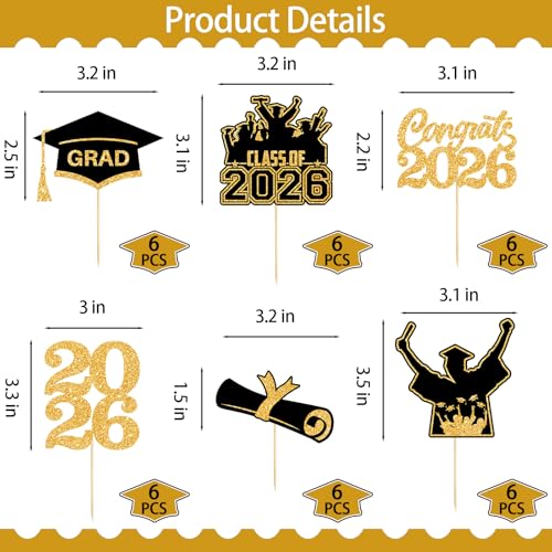 36 Graduation Cupcake Toppers - Black Gold Class of 2026