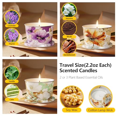 Travel Tin Scented Candles Set - Lavender, Vanilla Cake, Jasmine & Musk