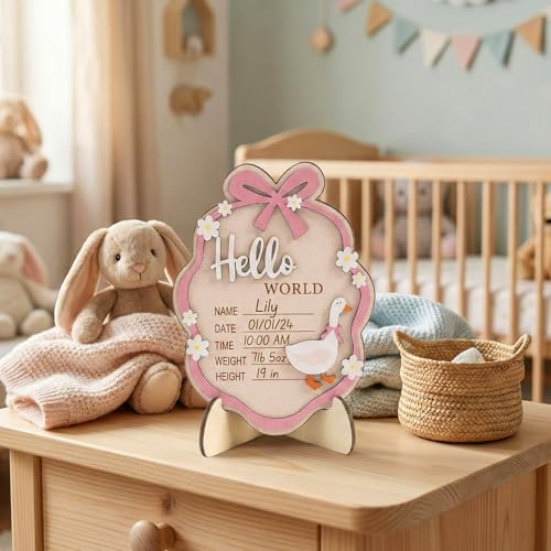 Pink Wooden Hello World Baby Announcement Sign with Stand