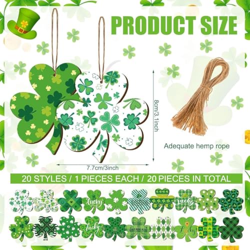 20Pcs St. Patrick's Day Wooden Shamrock Ornaments Set
