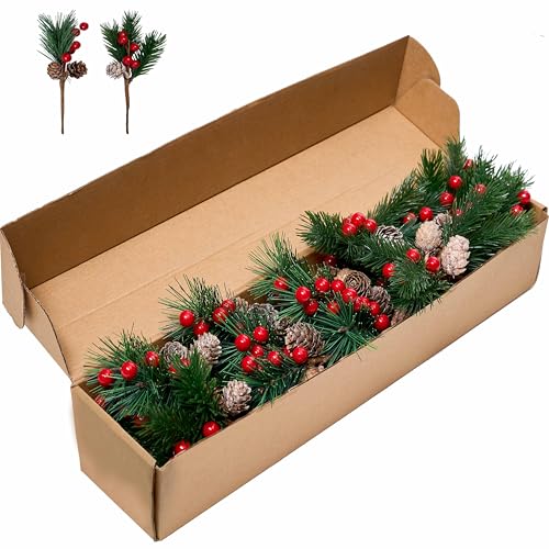 Artificial Pine Picks 6.5 Inch Christmas Decoration Set - Red Berries & Pinecones
