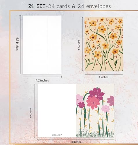 Bright Modern Floral Blank Greeting Cards with Envelopes - 24 Pack