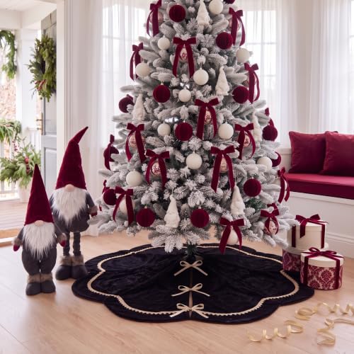 Christmas Tree Skirt Velvet 60 Inch Black Scalloped Edge with Gold Lace