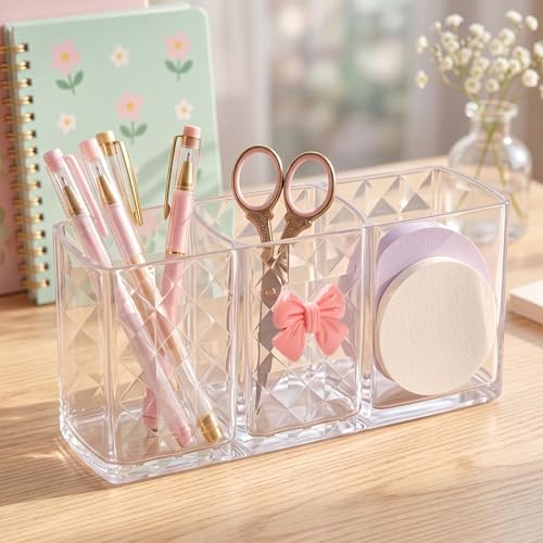Chic Acrylic Makeup Brush Holder with Pink Bow - 3 Compartment Organizer