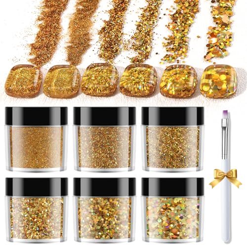 Gold Nail Glitter Powder and Sequins Set with Brush