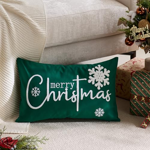 Christmas Pillow Covers 12x20 Inch Snowflake Embroidery Holiday Decor Green White