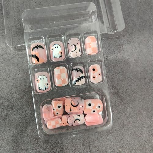 Halloween Press on Nails Short Square False Nails Ghost Bat Acrylic Kit