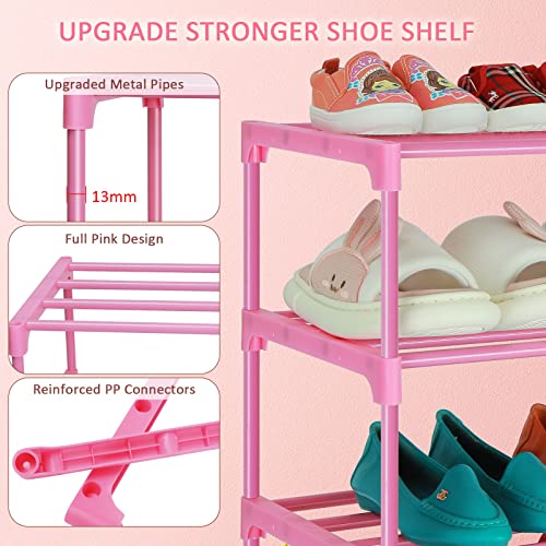 LNYZQUS 4-Tier Pink Shoe Rack Organizer - Stackable Kids Shoe Shelf
