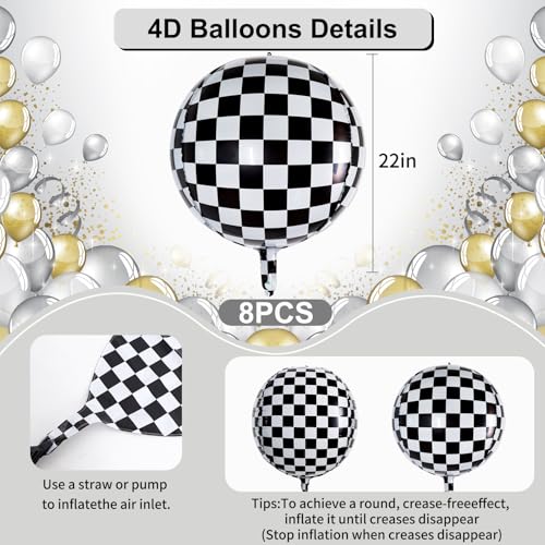 TONIFUL 8Pcs 22 Inch Round Checkered Foil Balloons