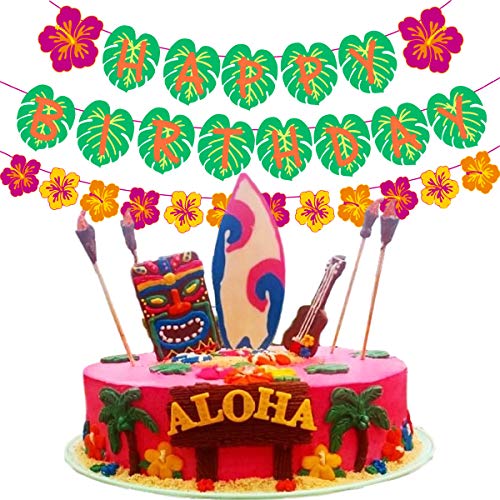 Tropical Luau Happy Birthday Banner with Palm Leaves & Flowers