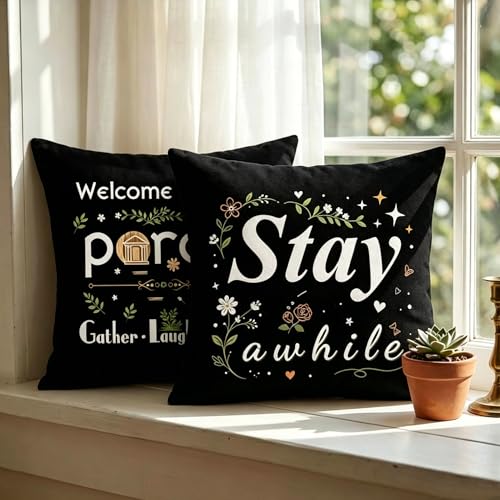 Welcome to Our Porch Black Throw Pillow Covers - Set of 4, 18x18
