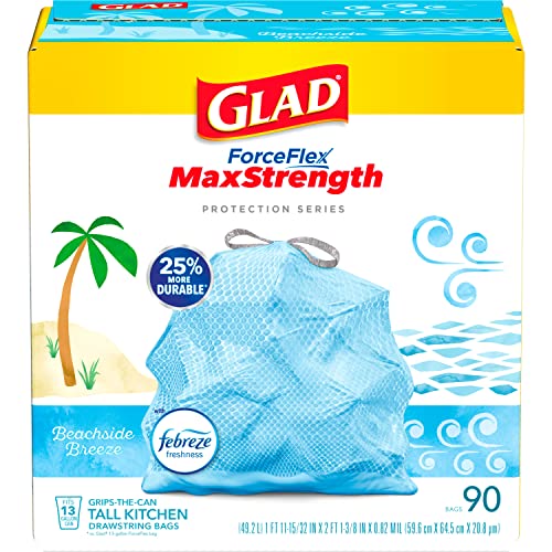 Glad 13 Gallon Tall Kitchen Trash Bags, MaxStrength Drawstring, Beachside Breeze, 90 Count