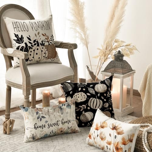 Autumn Hello Pumpkin Throw Pillow Covers - Set of 4, 18x18 Inches