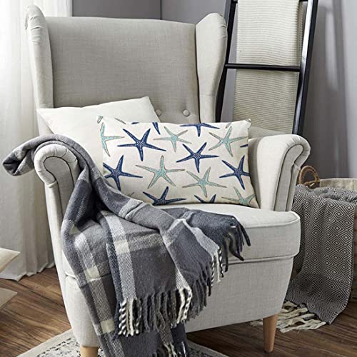 Nautical Starfish Throw Pillow Cover 12x20 Inch - Navy Blue Faux Linen
