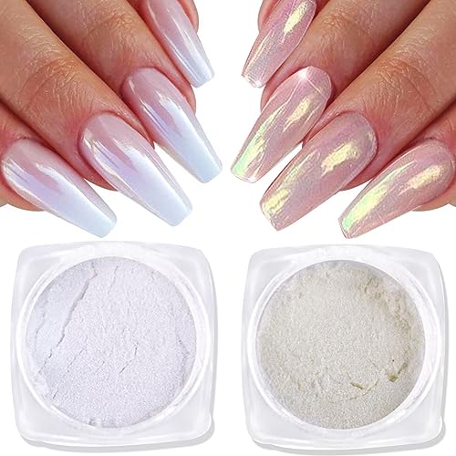 Furimuk Pearl Chrome Nail Powder Kit - 2 Boxes White & Glazed Gold Aurora Glitter Dust