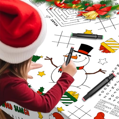 Christmas Coloring Tablecloth for Kids - Santa Snowman Maze Crafts 54x108 Inches - 1 Pack
