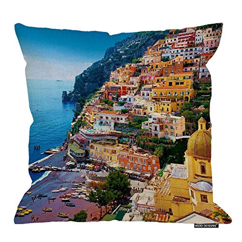 Positano Amalfi Coast Throw Pillow Cover, 18x18 Cotton Linen Cushion Case