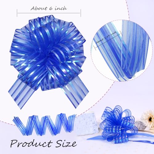 6 Large Blue Organza Pull Bows for Gift Wrapping & Decorations