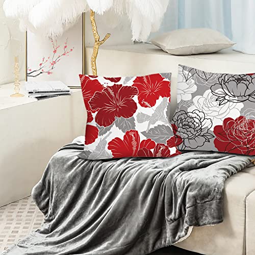 Red Grey Daisy Throw Pillow Covers 20x20 Set of 6 - Farmhouse Home Decor