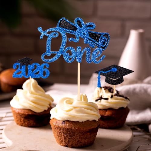 Class of 2026 Blue Glitter Graduation Cupcake Toppers 24 PCS