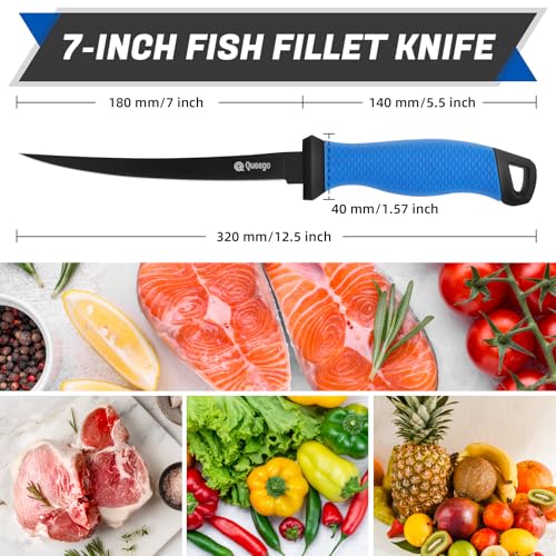 Queego 7-Inch Professional Fish Fillet Knife with Sharpener & Nylon Sheath