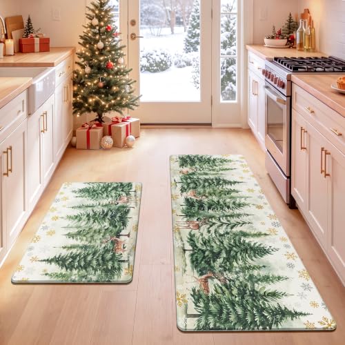 Reindeer Christmas Kitchen Rugs Set of 2 Anti Fatigue Mat Cushions