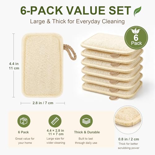 MUSDOOU Natural Loofah Dish Scrubber Sponges, 6 Pack Compostable Cleaning Pads