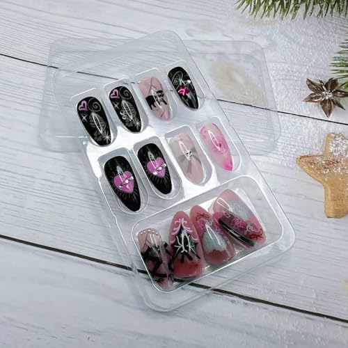 Halloween Press on Nails Medium Almond Gothic Black Bat Fake Nails 24pcs