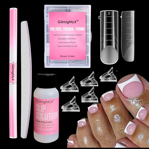 GlimightyX Polygel Toenail Forms Kit - 120 Reusable Square Dual Nail Molds with Brush and Clips