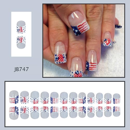 4th of July Press on Nails Short Square French Tip Fake Nails