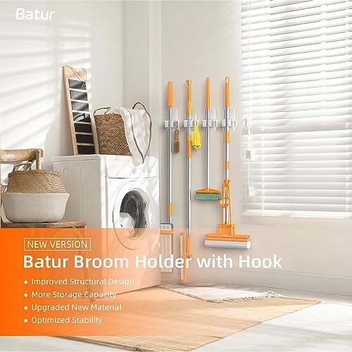 Batur Wall Mount Broom Holder with Hooks - 4 Pack Adhesive Organizer