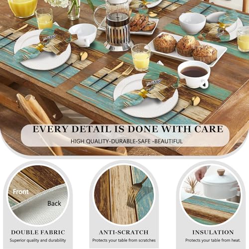 Farmhouse Teal Placemats and Cloth Napkins Set of 8 - Rustic Modern Kitchen Decor