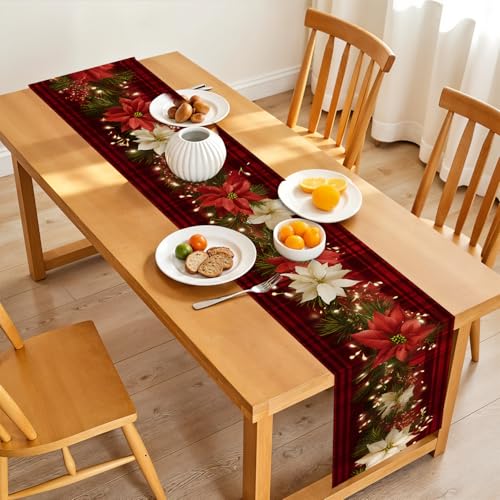 Christmas Table Runners and Placemats Set of 6 with Poinsettia - Red Plaid Holiday Decor 124
