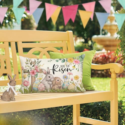Easter Bunny Pillow Cover 12x20 | He is Risen Cross Design