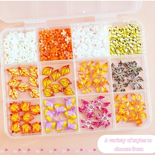 Tephrent 3D Flower Nail Charms Fall Maple Leaf Rhinestones and Pearls