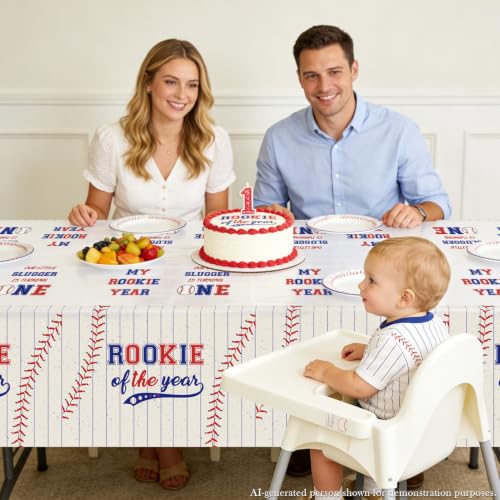 Rookie of the Year Baseball Tablecloths 4-Pack, 51x87 Inch Disposable Plastic Party Table Covers for Boys 1st Birthday