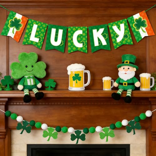 St. Patrick's Day Banner Decorations 2 Pack - LUCKY Banner and Shamrock Pom Pom Garland