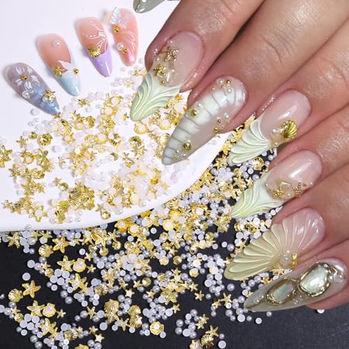 Sutaozhi 200Pcs Summer Starfish Nail Charms Gold Beach Pearl Rhinestones