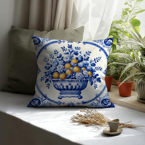 Coastal Blue and White Lemon Pillow Cover 18x18 - Double-Sided Flannelette