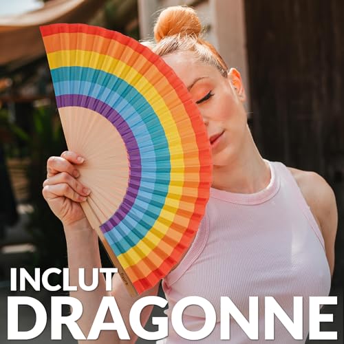 Rainbow Folding Fan - Eco-Friendly Wooden Handheld Fan for Women