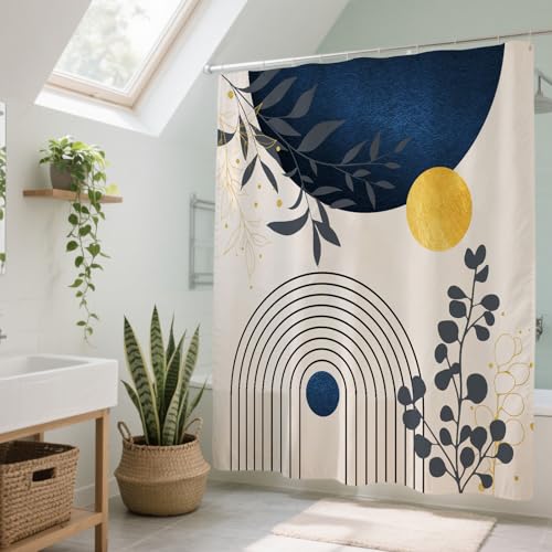 BLOCE Boho Mid-Century Shower Curtain Set, Blue Grey, 72x72 Inch