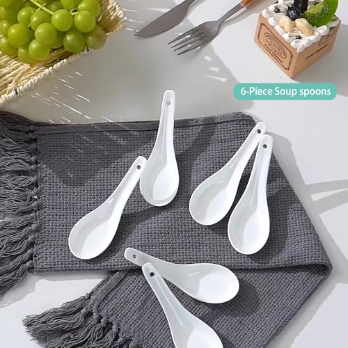 Qoryven 6-Piece Ceramic Asian Soup Spoon Set, 5.3-inch Ramen Spoons