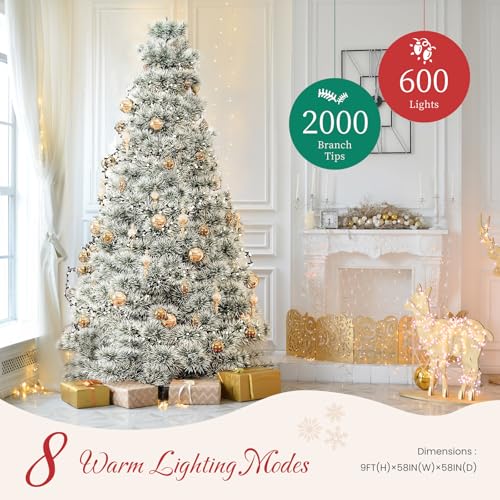 Full-Green & White 8ft 10in Pre-Lit Snow Flocked Artificial Christmas Tree with 700 Tips, Warm Incandescent Lights & Foldable Metal Base