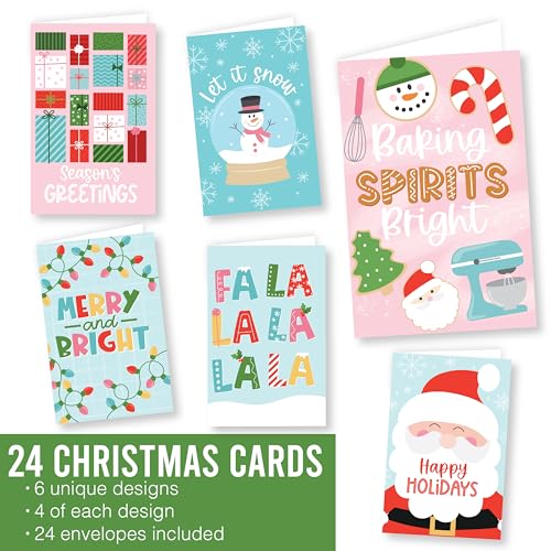 Santa Christmas Cards with Envelopes - 24 Holiday Greeting Cards with Envelopes - Blank Seasonal Note Cards