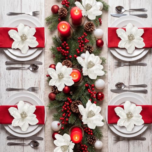 White Glitter Magnolia Artificial Flowers for Christmas Tree - 10 Pieces