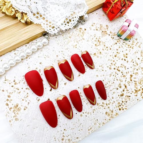 Red Press on Nails Medium Almond Fake Nails with Gold Heart Design