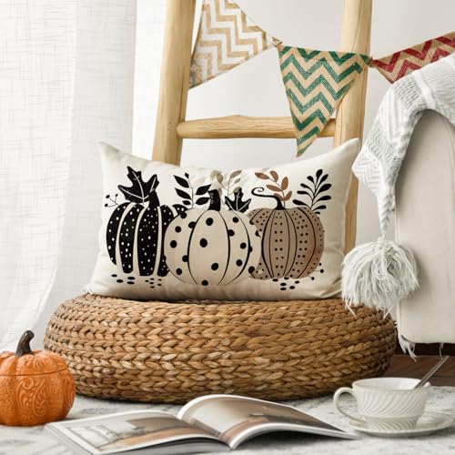 Fall Pumpkin Polka Dot Leaves Throw Pillow Cover 20x12 Inch