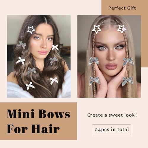 AROCOOY Mini Hair Bows and Star Clips Set 24PCS Gingham Satin Bowknot Hairpins