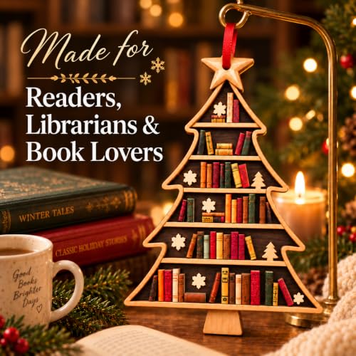 Book Lovers Christmas Tree Ornament - Wooden Book Stack with Snowflakes - Book Tree 1